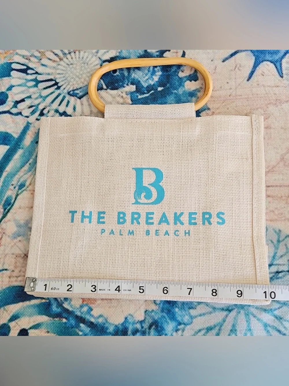 The Breakers Palm Beach Canvas/Jute Tote with Turquoise Logo and Bamboo Handles